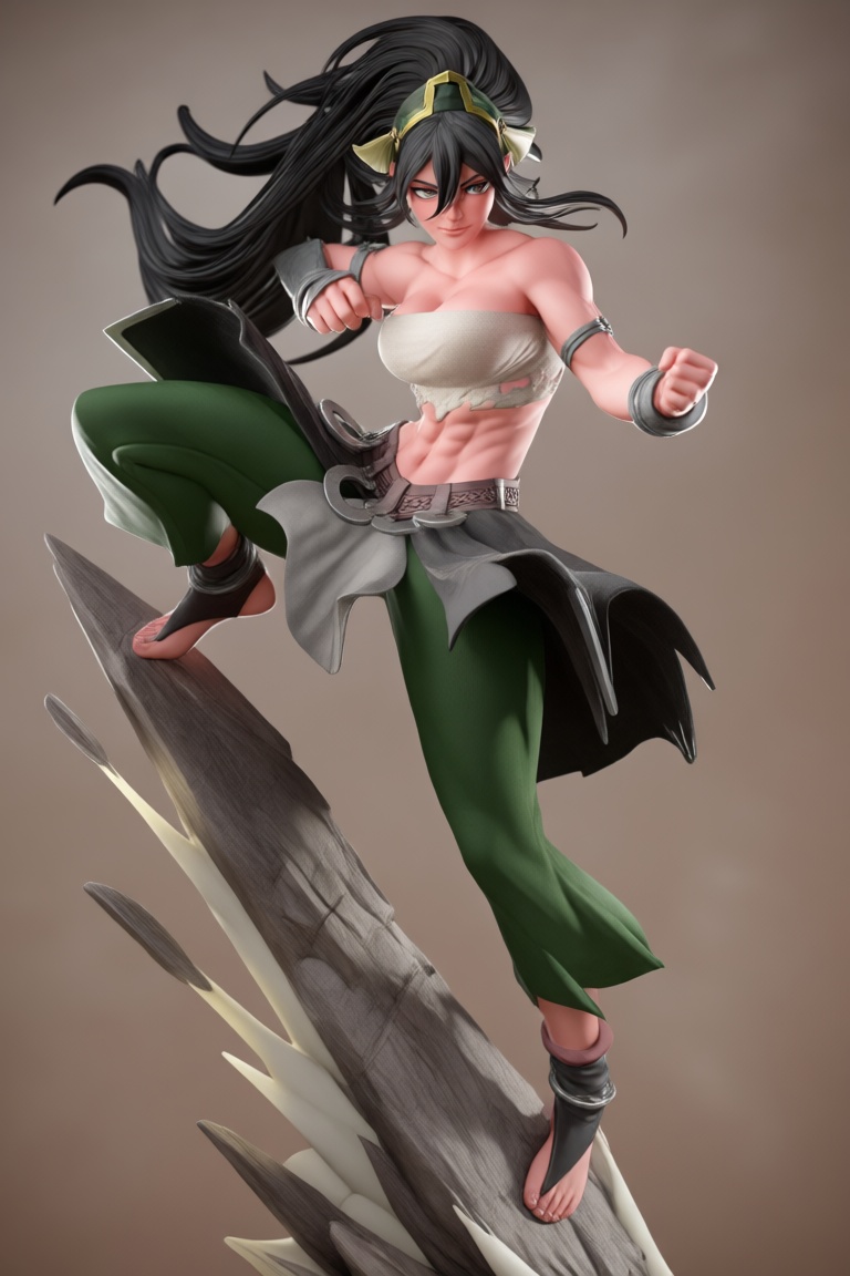 @zbrush_art @alice_3d zbrush art,  Digital 3D rendering of a muscular,  dark-haired anime warrioress girl with green pants...