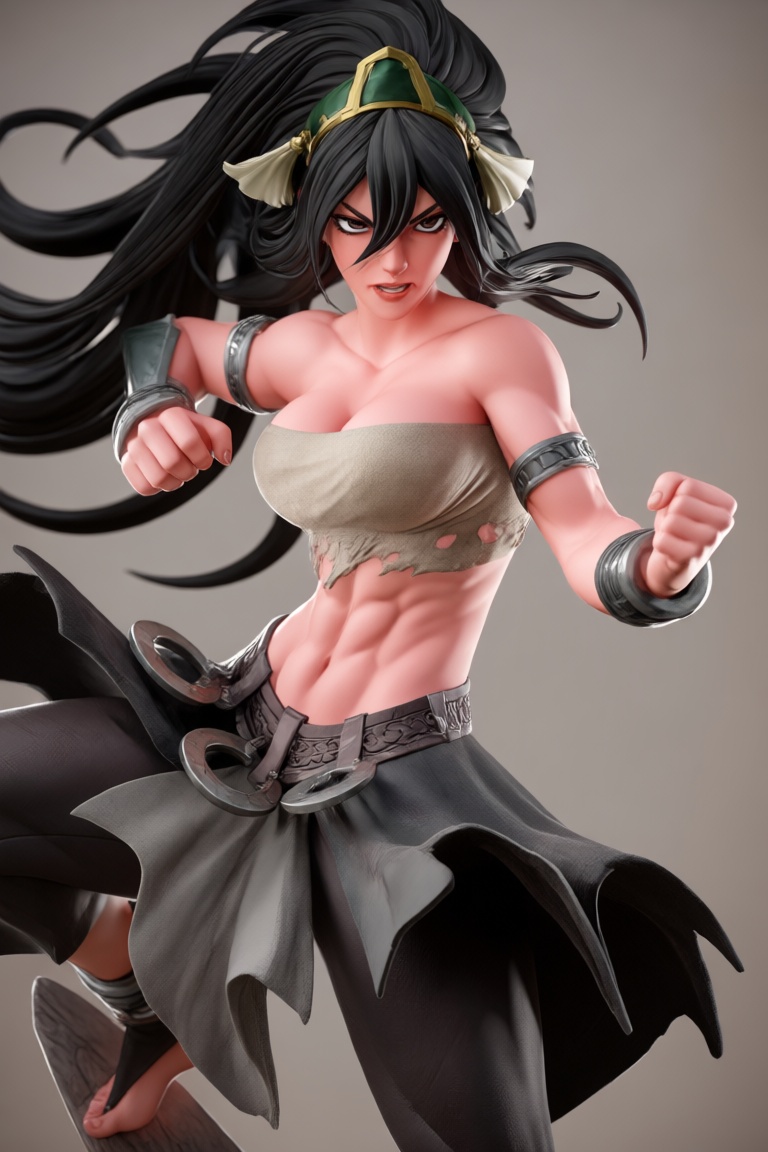 @zbrush_art,  This image depicts a highly detailed 3D-rendered female character in a dynamic,  action-oriented pose. She h...