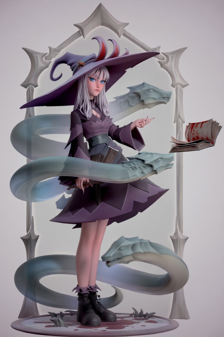 @zbrush_art,  This image is a detailed digital illustration of a witch-like character. She has long,  silver hair and stri...