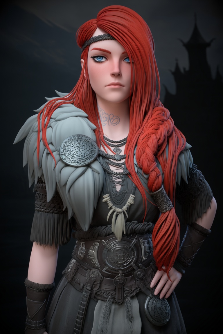 @zbrush_art,  The image depicts a highly detailed,  stylized 3D character with striking red hair and blue eyes. The charac...