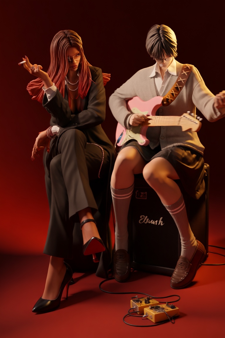 @zbrush_art,  The image features two characters in a dramatic,  stylized setting with a deep red background that enhances...