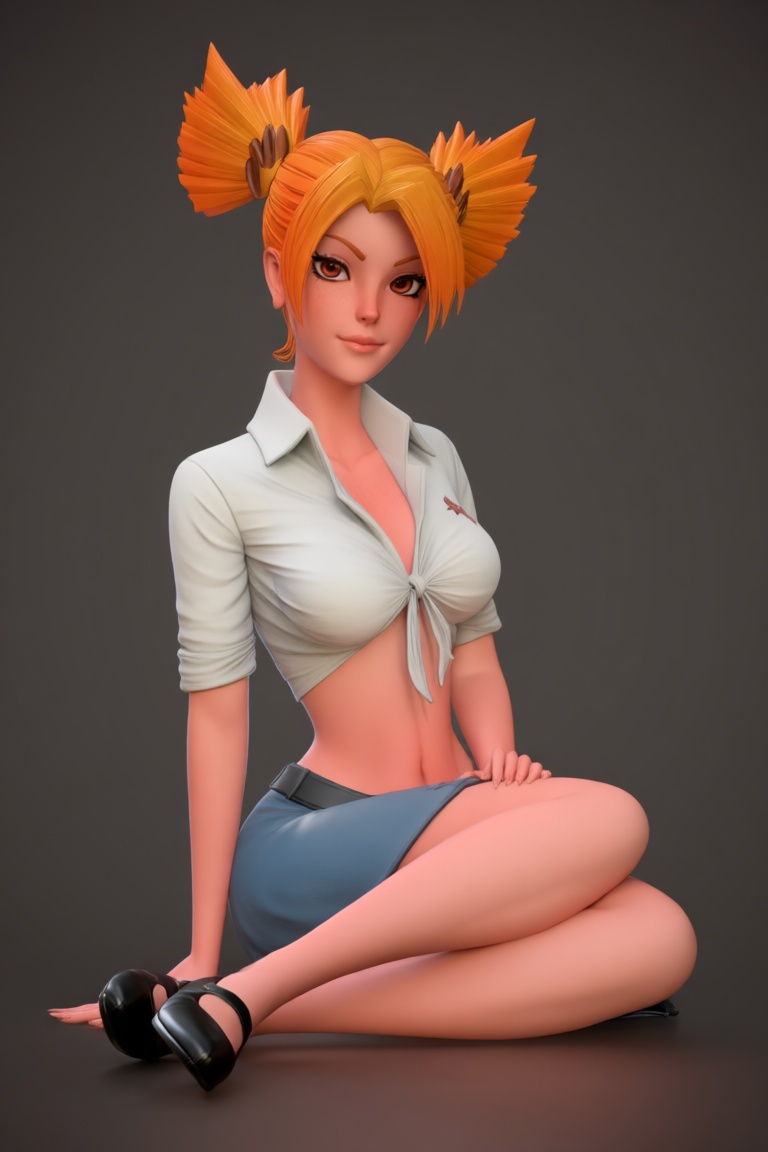 @zbrush_art,  This image features a 3D model of a female character with a stylized design. She has bright orange hair styl...