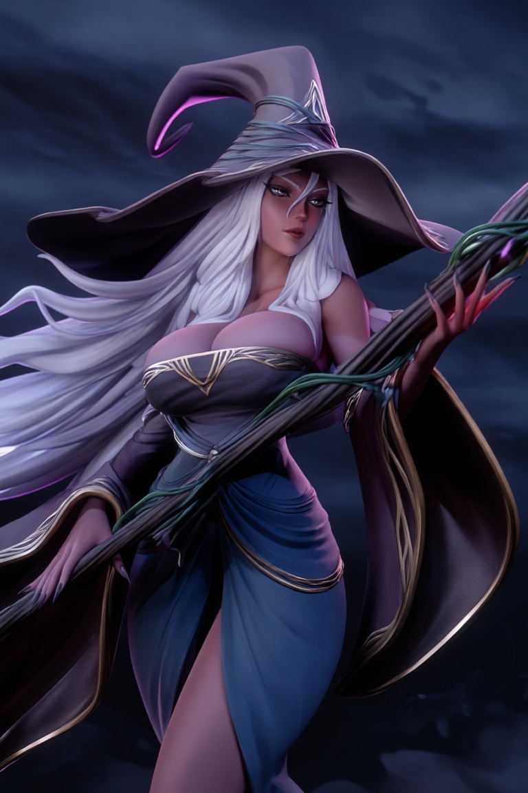 @zbrush_art,  The image depicts a stylized,  fantasy-inspired witch character. She has long on Tensor.Art