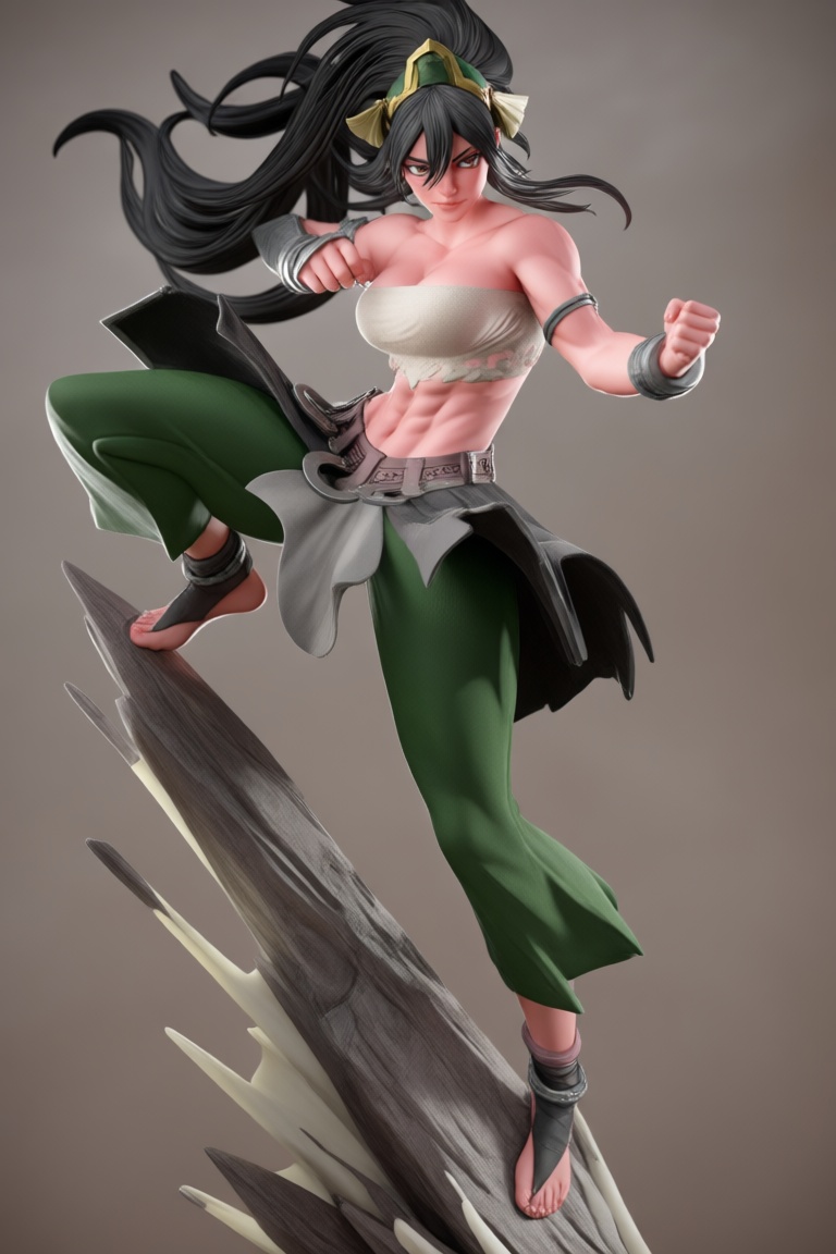 @zbrush_art @alice_3d zbrush art,  Digital 3D rendering of a muscular,  dark-haired anime warrioress girl with green pants...