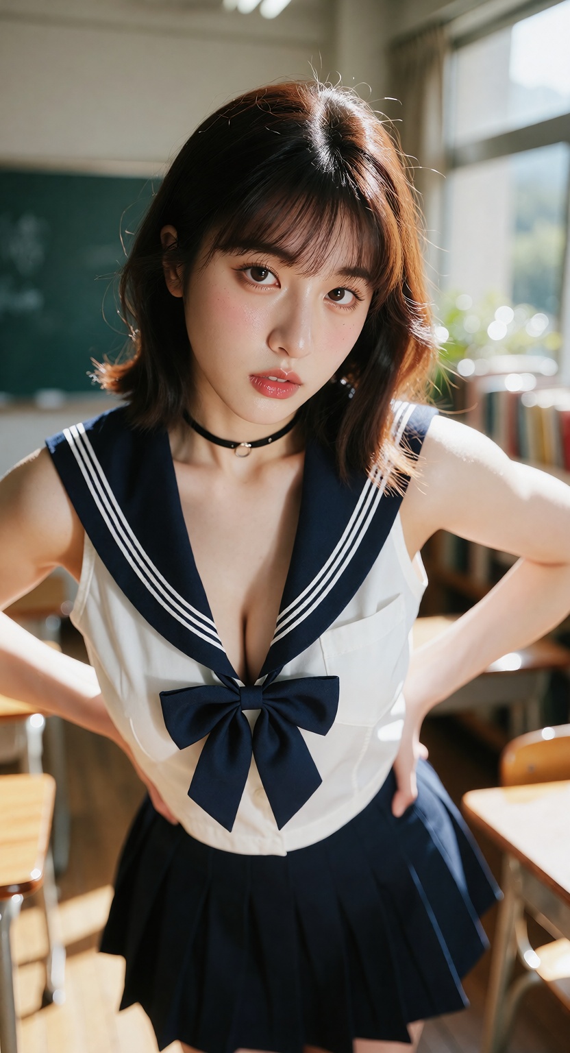 A photorealistic cinematic close shot of one ***** East Asian woman standing in a bright modern classroom,  looking at the...