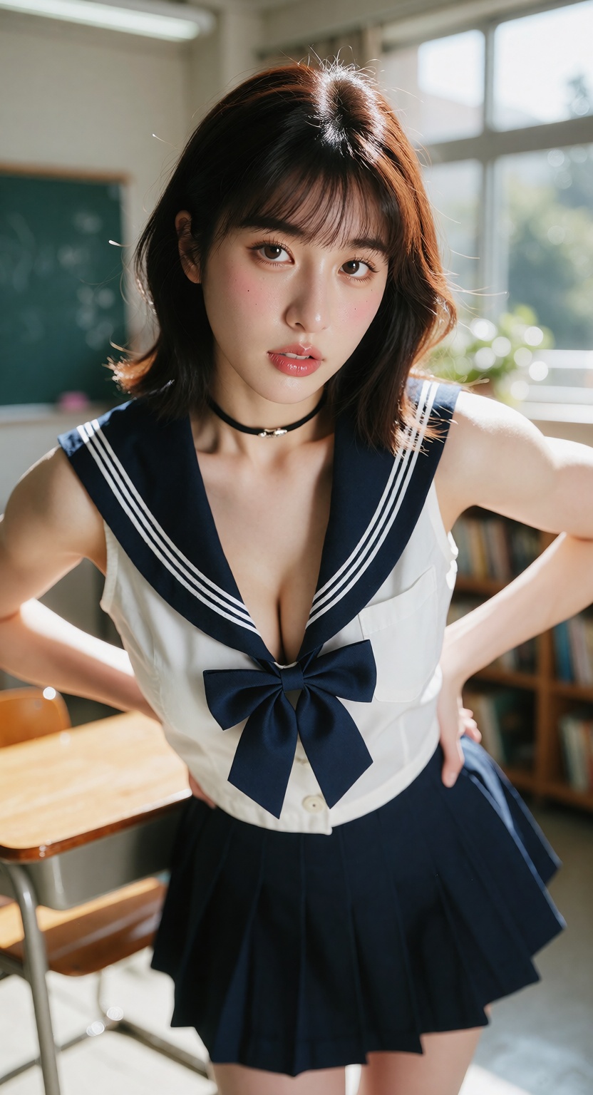 A photorealistic cinematic close shot of one ***** East Asian woman standing in a bright modern classroom,  looking at the...