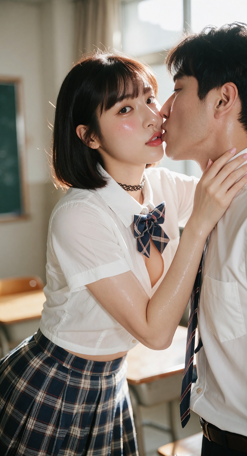 A photorealistic cowboy shot of one ***** Korean K-pop idol in a bright classroom,  looking at the viewer with a smile. Sh...