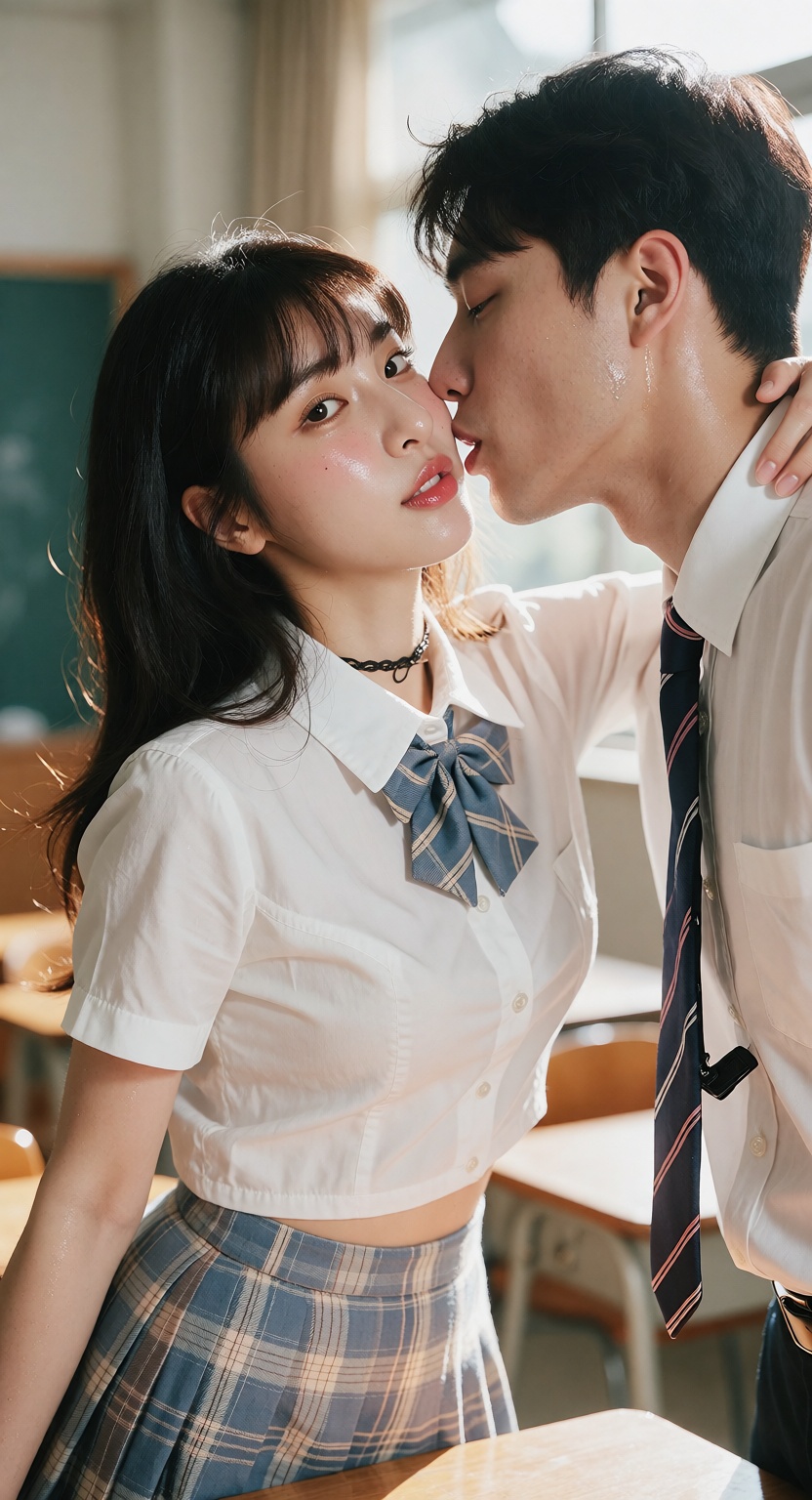 A photorealistic cowboy shot of one ***** Korean K-pop idol in a bright classroom,  looking at the viewer with a smile. Sh...