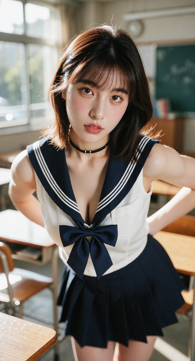 A photorealistic cinematic close shot of one ***** East Asian woman standing in a bright modern classroom,  looking at the...