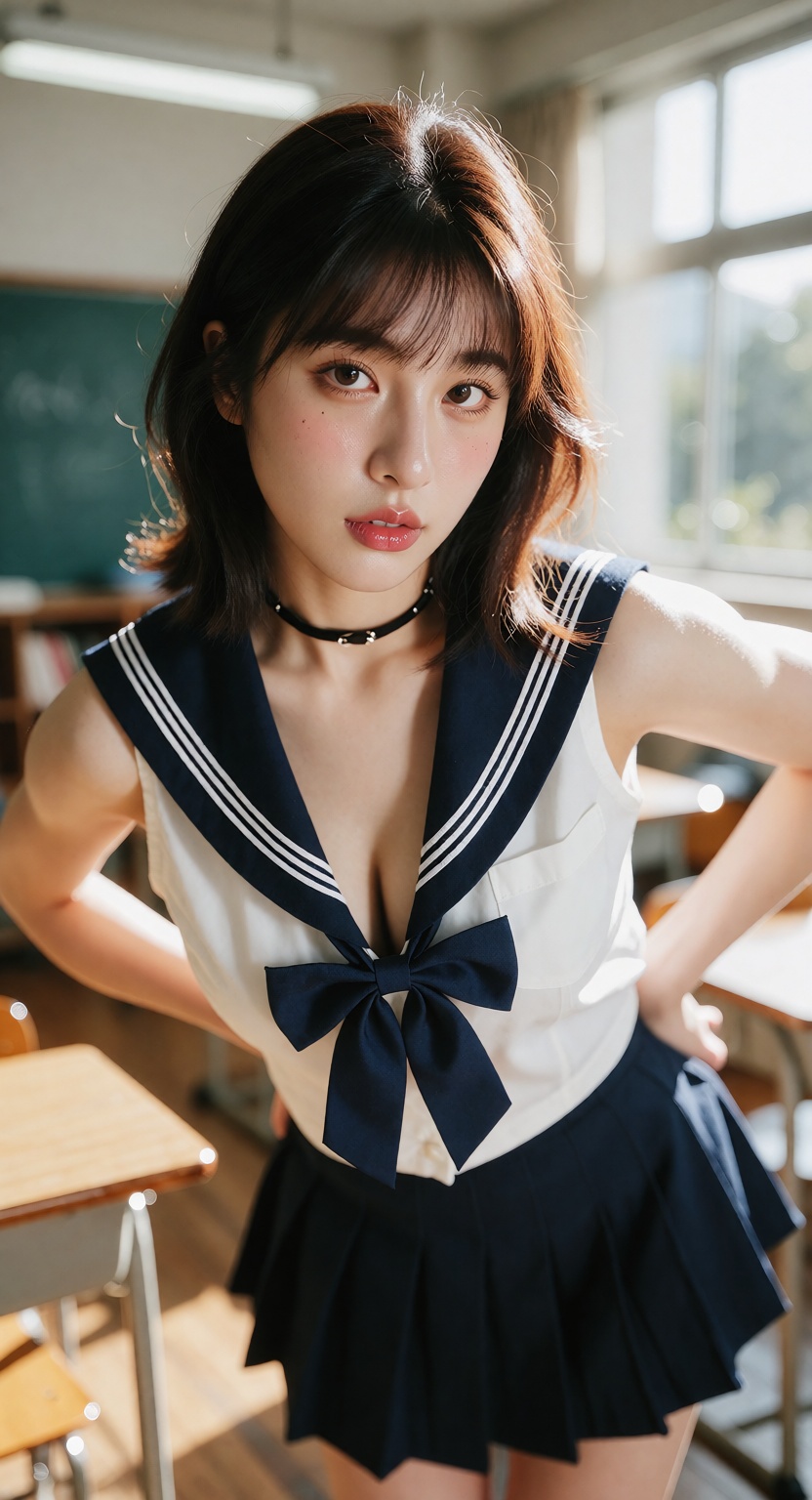 A photorealistic cinematic close shot of one ***** East Asian woman standing in a bright modern classroom,  looking at the...