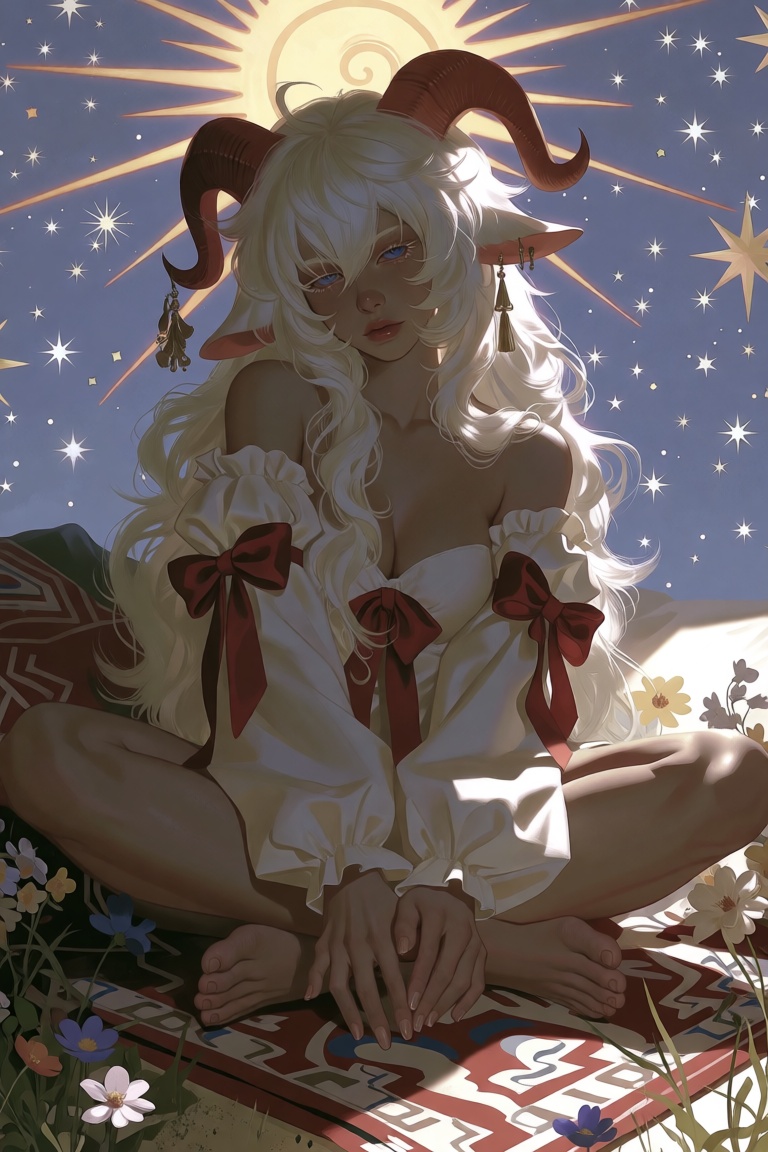 style: semi realistic digital illustration,  The image depicts a serene and mystical scene of a woman with goat horns sitt...