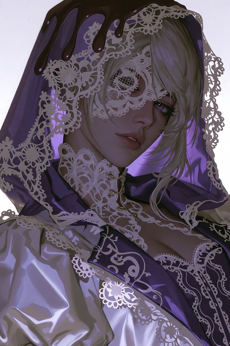 style: semi realistic digital illustration,  The image depicts a character dressed in a detailed,  lace-like outfit with i...
