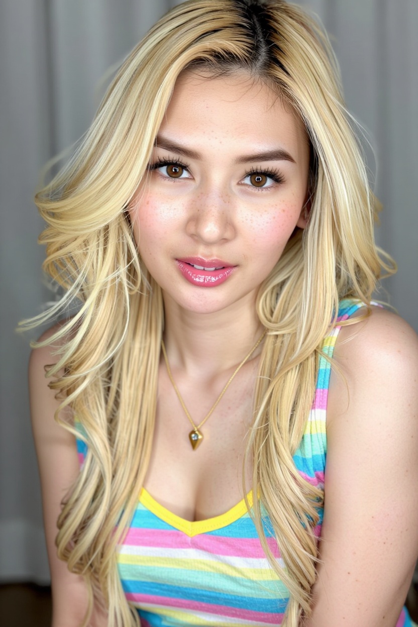 A stunning 8K portrait of ChloeR3,  a ravishing Pinay model,  captured on a Leica camera. She wears a a sleeveless striped...