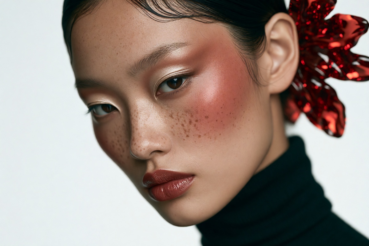 oum4saga,  High fashion extreme close up beauty editorial portrait of a young East Asian woman. Ultra tight vertical facia...