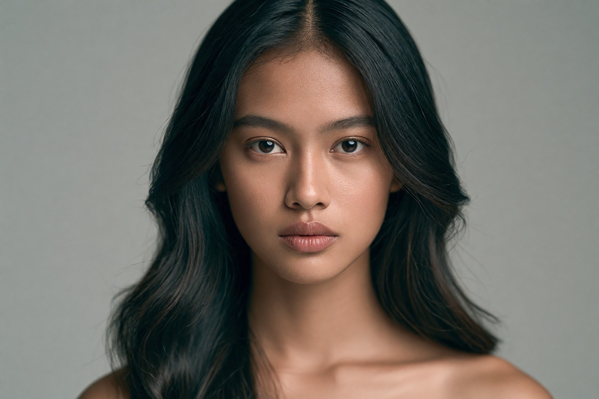 oum4saga,  close-up studio portrait of a 20-year-old javanese girl,  long black hair with soft gentle waves on Tensor.Art