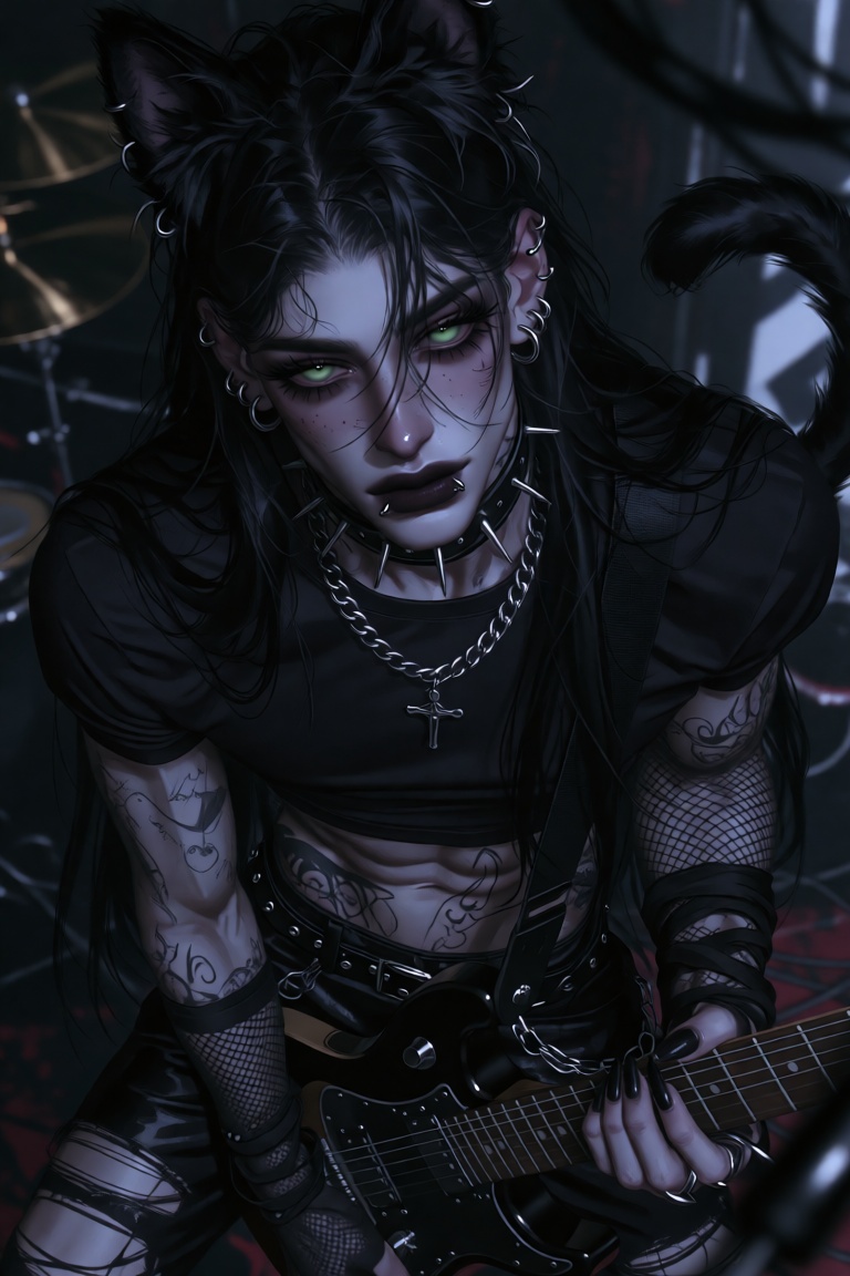 Create a solo portrait featuring a male character with striking black cat ears and a flowing black cat tail. He has sleek,...