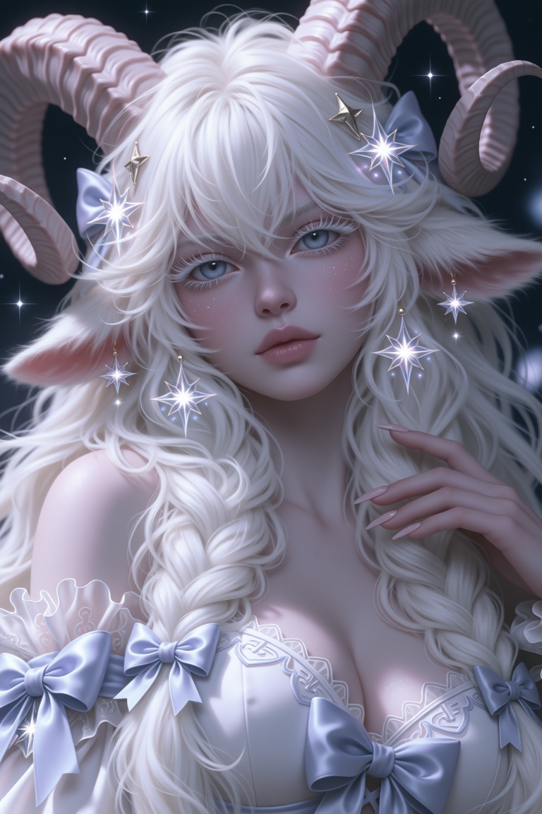 style: semi realistic digital illustration,  The image depicts a serene and mystical scene of a woman with goat horns surr...