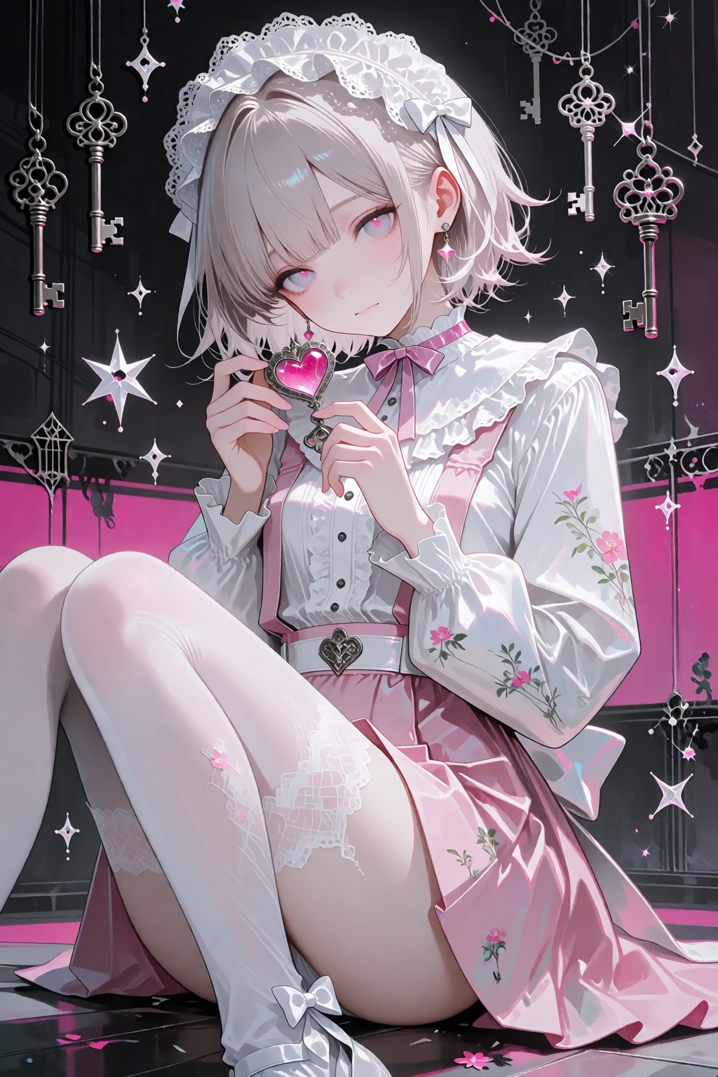 A single young female anime-style human subject shown in a full-body shot,  sitting on the floor with her knees drawn up a...