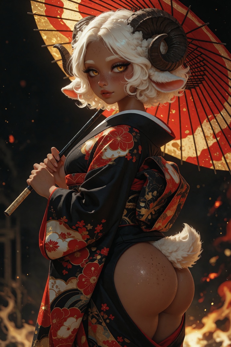 @Ophelia,  a dark tan skinned anthro sheep girl with large alluring golden eyes. Her high-contrast sunTanlines skin is cov...