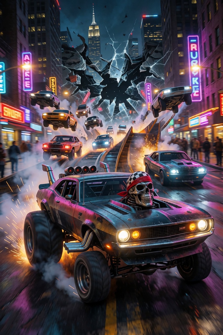 A chaotic cityscape bathed in the neon glow of streetlights is torn apart by a wild street race,  cars launching off ramps...