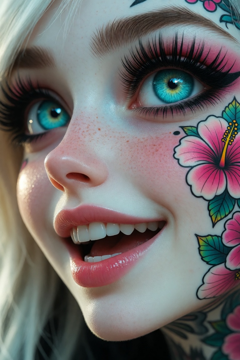 Hyperrealism,  extreme close-up Portrait of a beautiful,  stunning unique female character. She has large turquoise eyes f...