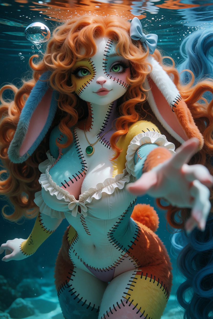 @Willamina,  anthropomorphic plush rabbit girl,  complex detailed multicolored patchwork and stitched skin on Tensor.Art