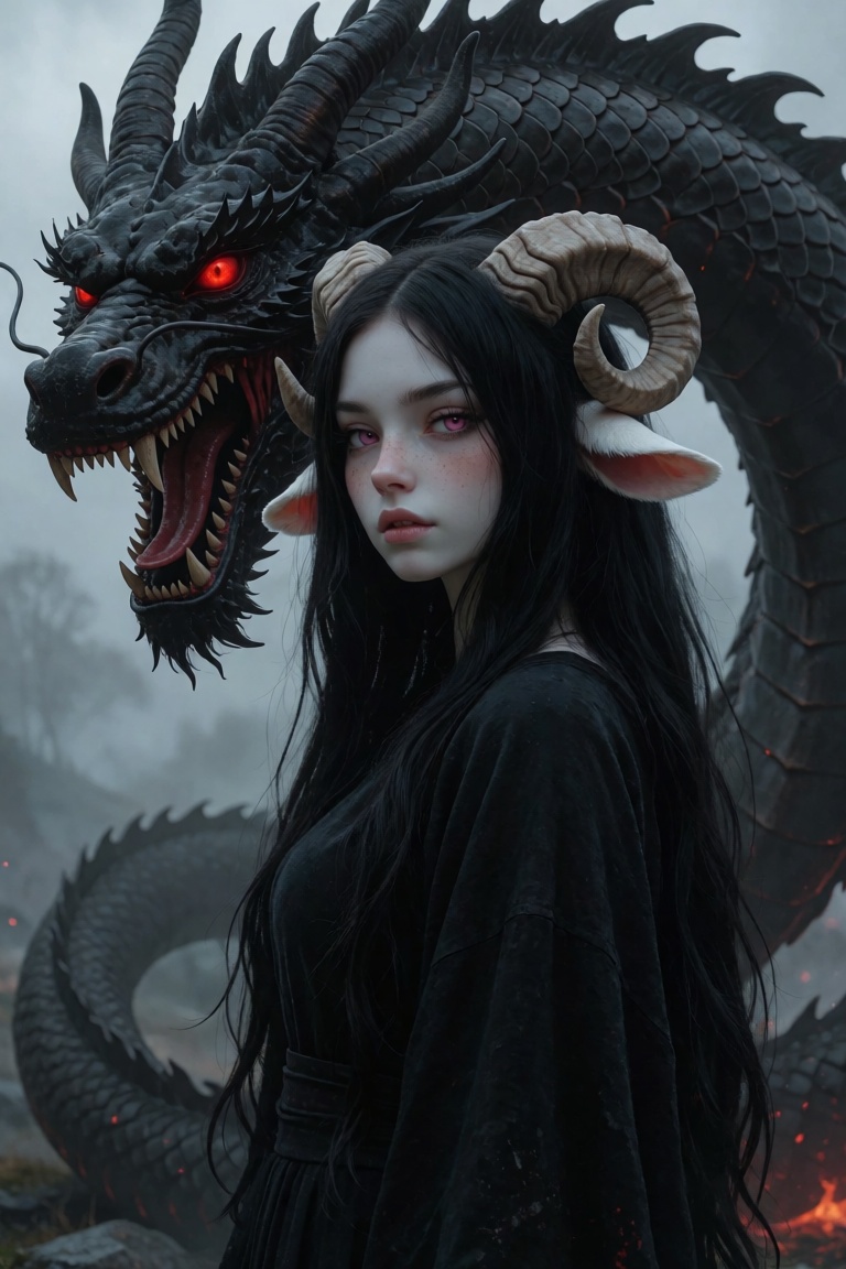 a anthro sheep woman with long,  straight black hair and sheep ears,  suggesting an sheep girl or mythical character with...