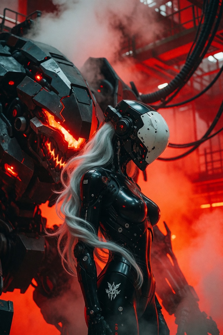 Photograph of a sleek,  cybernetic woman standing in a profile view next to a massive,  monstrous mechanical exoskeleton i...