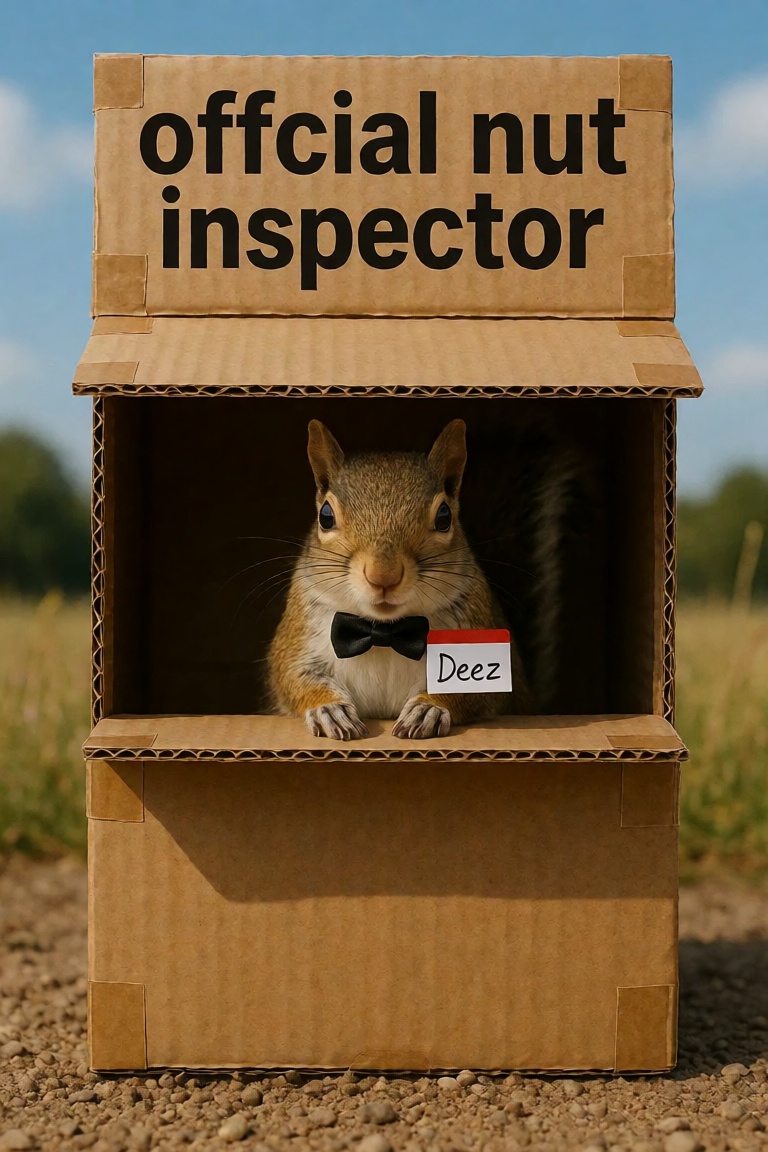 A squirrel inside a child made tiny roadside stand made from cardboard and tape with the words "offcial nut inspector" on...