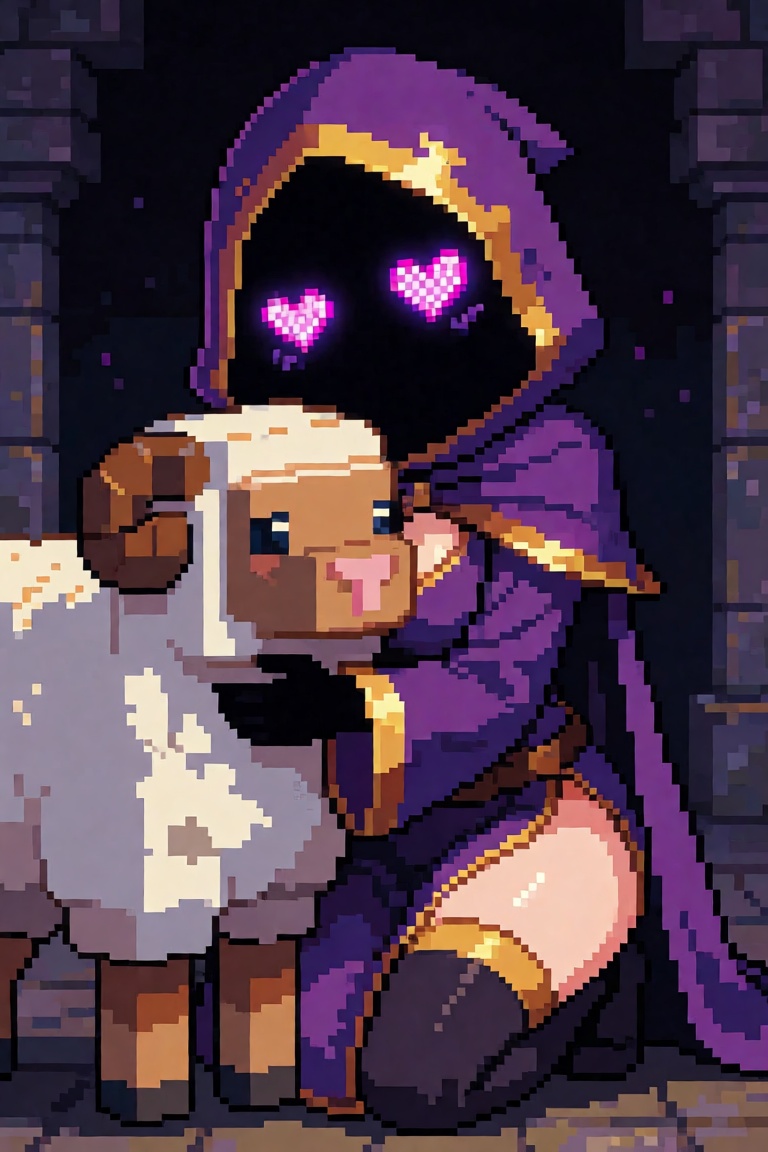 (pixel_art),  dark hooded digital face,  glowing pixel heart eyes only on Tensor.Art