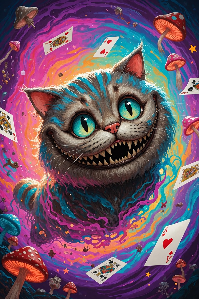 A trippy portrait of the Cheshire Cat from *Alice in Wonderland*,  featuring its iconic wide grin floating in a swirl of v...