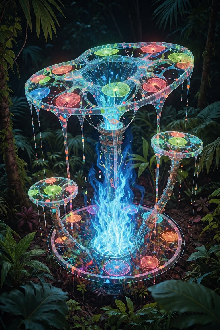 Neon jungle seen from above,  fire in the eternal night,  built from futuristic nano leaf glass on Tensor.Art