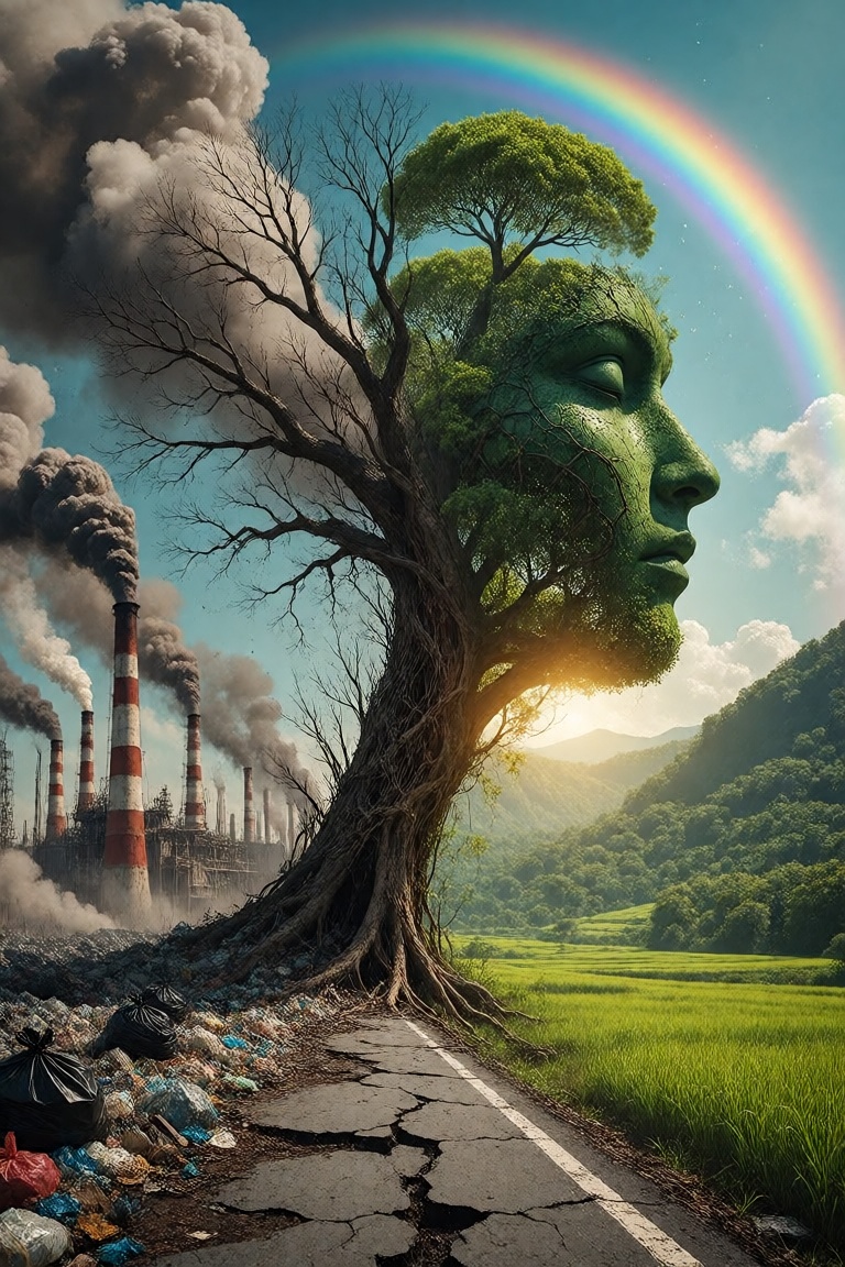 A strikingly symbolic surreal composition portraying a single tree split into two contrasting halves,  forming the profile...