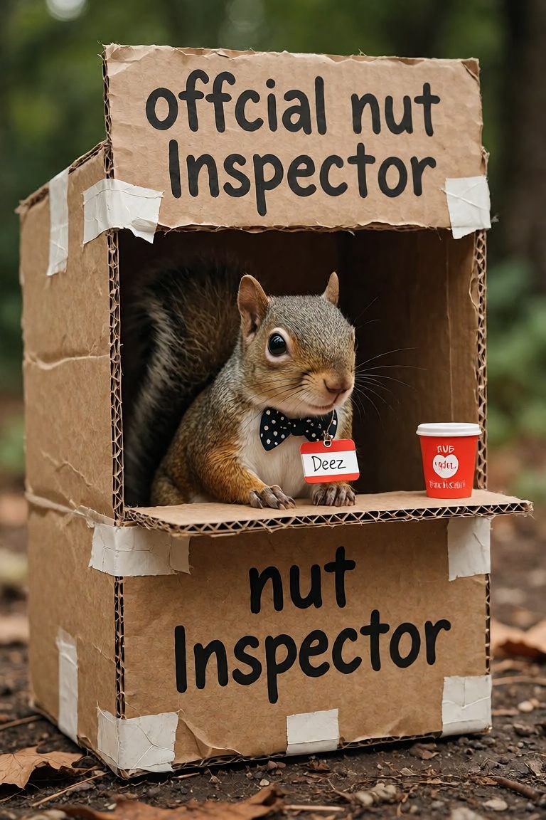 A squirrel inside a child made tiny roadside stand made from cardboard and tape with the words "offcial nut inspector" on...