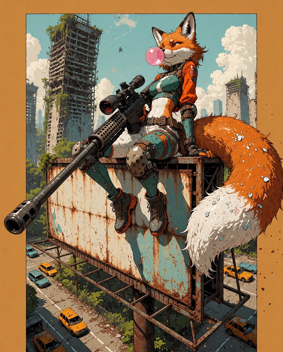 A stylized comic panel illustration in graphic novel linework,  featuring a spunky anthro red fox girl sharpshooter seated...