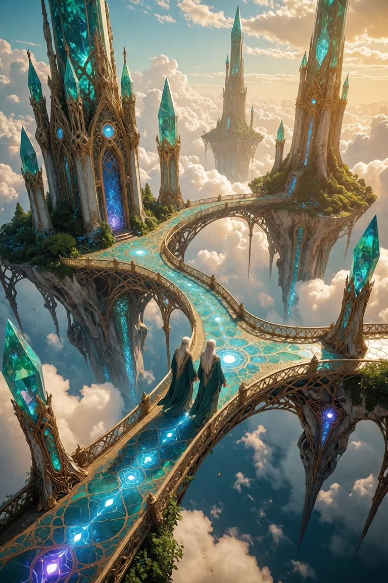 a wide aerial view of a floating elven city in the sky,  with two elven figures walking side by side across a glowing skyb...