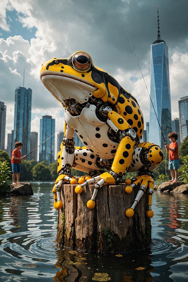 artilands02,  Photo-realistic rendering of a mechanical frog with vibrant yellow and black spotted patterns,  sitting atop...