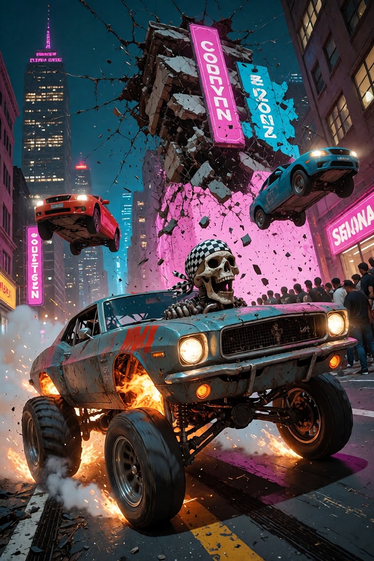 A chaotic cityscape bathed in the neon glow of streetlights is torn apart by a wild street race,  cars launching off ramps...