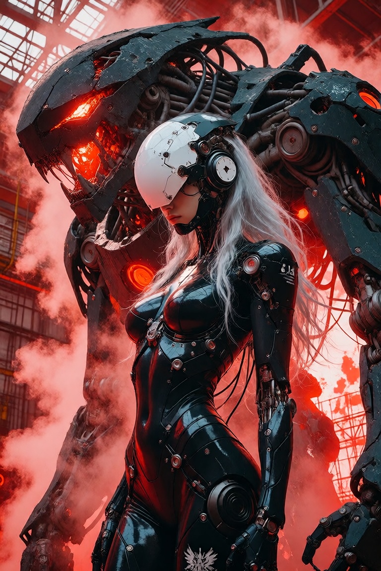 Photograph of a sleek,  cybernetic woman standing in a profile view next to a massive,  monstrous mechanical exoskeleton i...