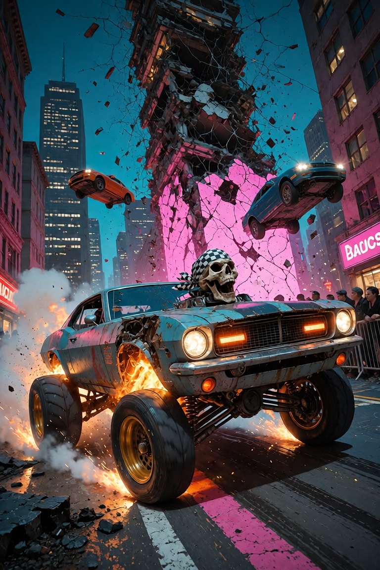 A chaotic cityscape bathed in the neon glow of streetlights is torn apart by a wild street race,  cars launching off ramps...