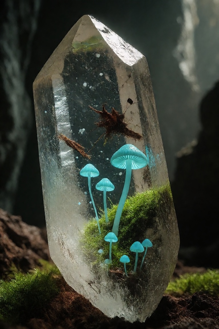 A quartz crystal in the cave,  filled with moss,  glowing mushrooms and debris. on Tensor.Art