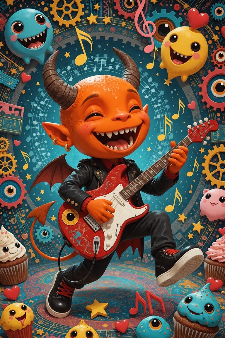 DecoDaal,  A smiling demon plays an electric guitar at the center of an elaborate collection of musical notes,  cartoon fa...