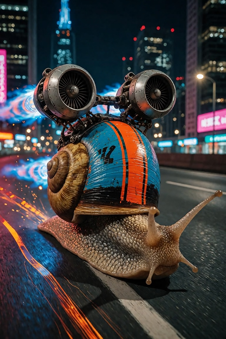 A snail racing though an empty city highway at night,  it's shell is painted with rally stripes similar to a racecar,  att...