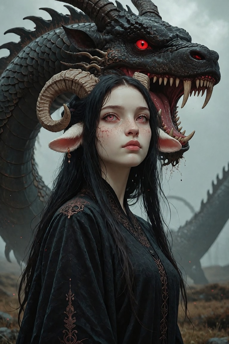 a anthro sheep woman with long,  straight black hair and sheep ears,  suggesting an sheep girl or mythical character with...
