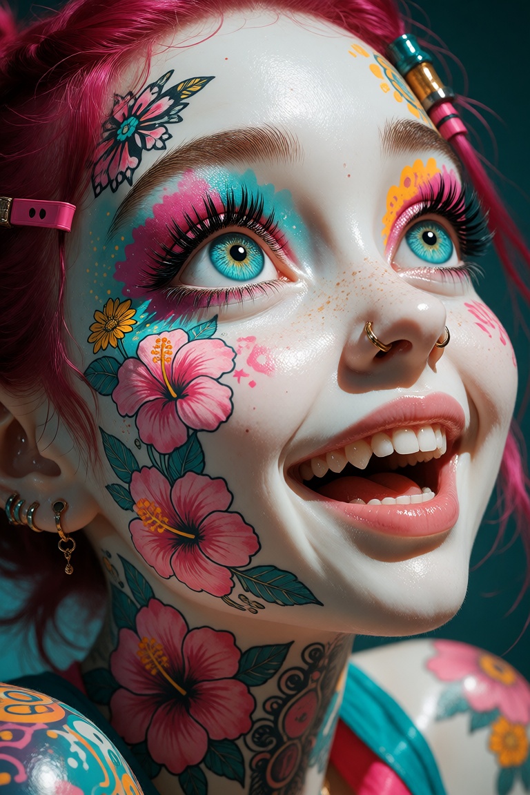 Hyperrealism,  extreme close-up Portrait of a beautiful,  stunning unique female character. She has large turquoise eyes f...