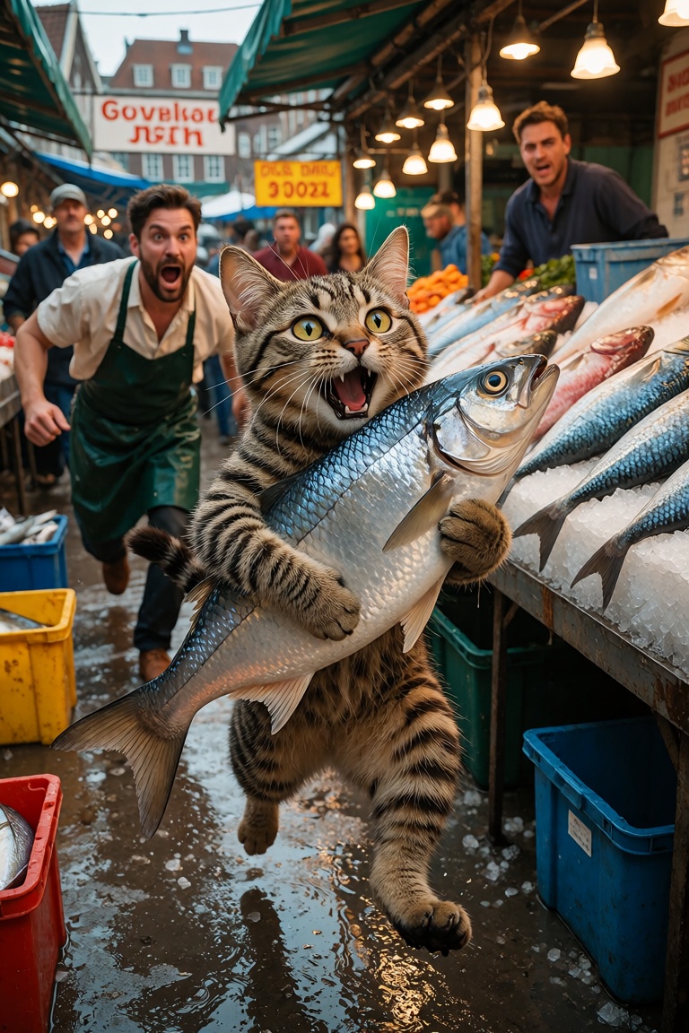 A photorealistic,  ultra detailed,  humorous scene on a bustling dutch street market. A small young tabby cat anthropomorp...