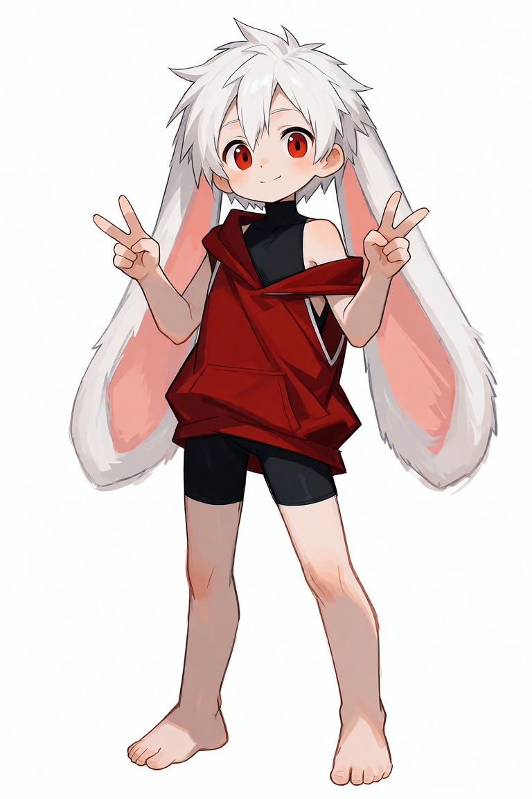 anime style. the image features a lop-rabbit ears human boy,  his name is **xiaobai**. he has white short-hair(side-part b...