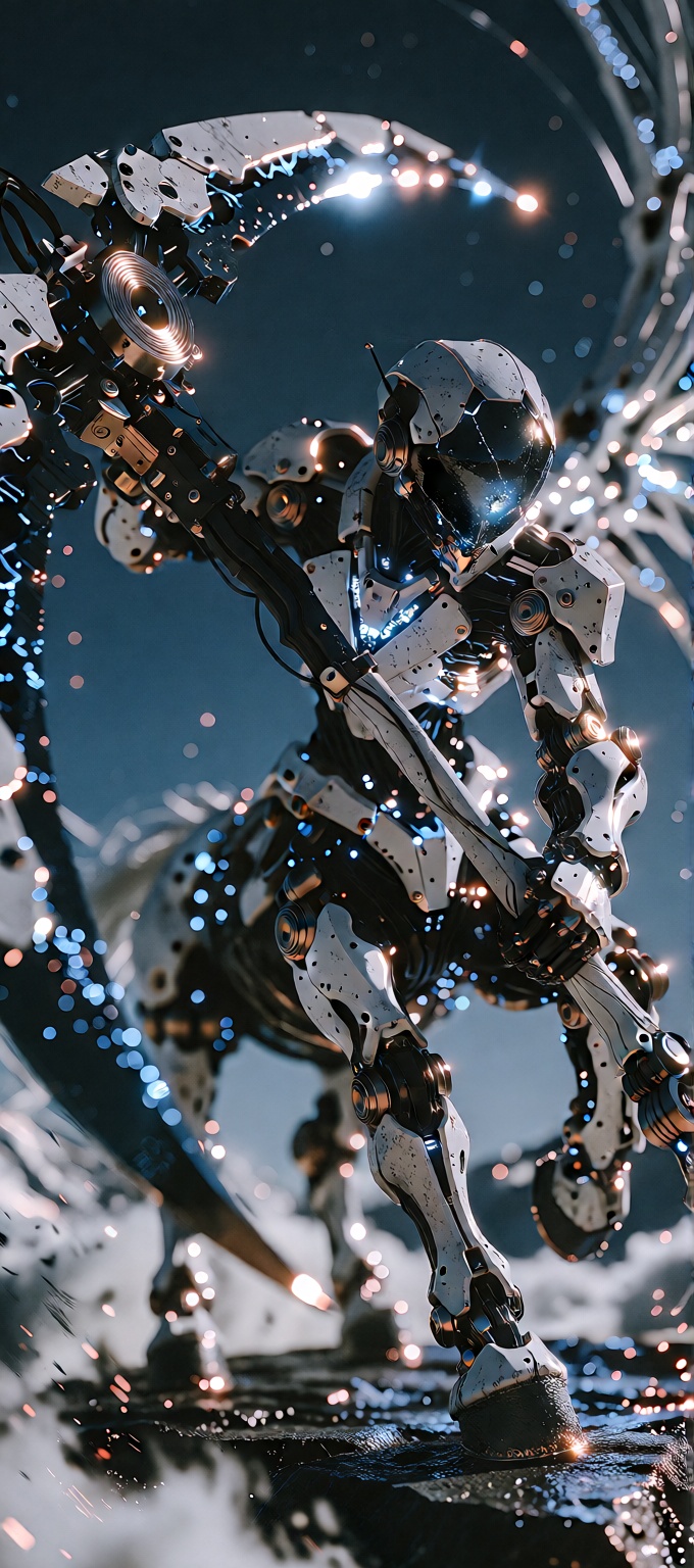 Centaur,  The image depicts a futuristic robot standing in a dynamic pose,  wielding a large scythe-like weapon. The robot...