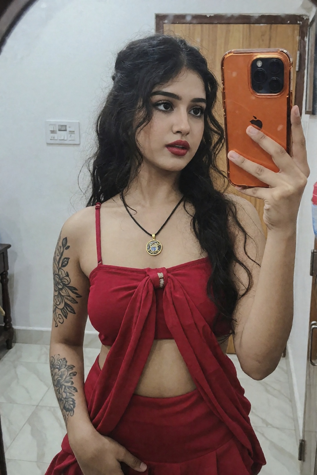 The image shows a south asian indian woman taking a mirror selfie. The individual is wearing a red outfit that includes a...