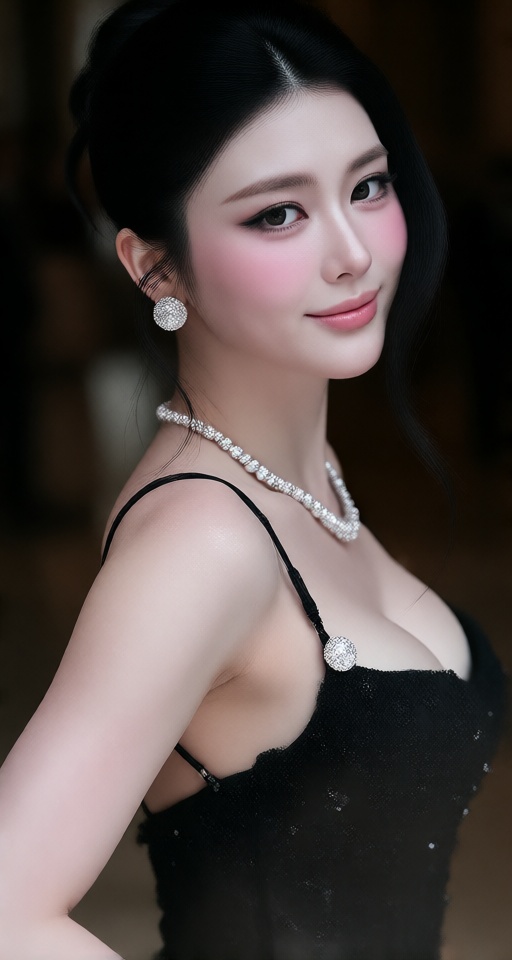 1girl solo smile black hair dress jewelry earrings necklace side view ass realistic on Tensor.Art